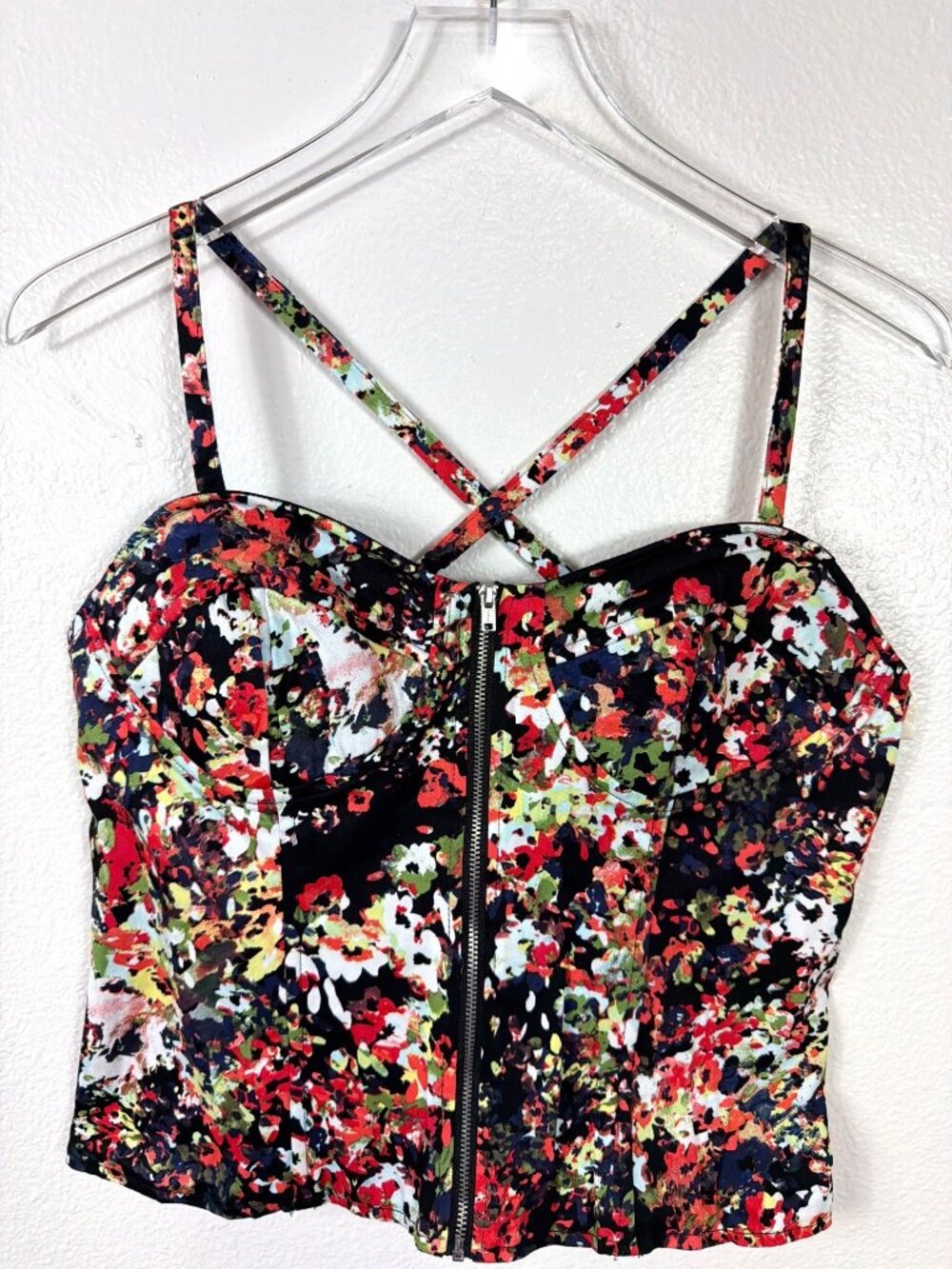 NWOT Allen B Floral Bustier Corset Top Front Zip Crisscross Back Crop Size 8 - Picture 3 of 11